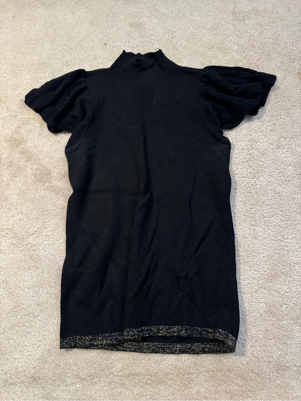 Nine West Black Short Sleeve Mock Neck Top with Metallic Trim